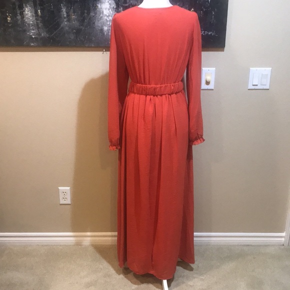 Orange Long Ruffled Sleeve Faux Wrap Belted Waist Maxi Dress-Size M - Picture 2 of 14